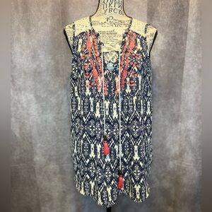 Xhilaration Navy and Cream Lace Boho Top with Coral Trim